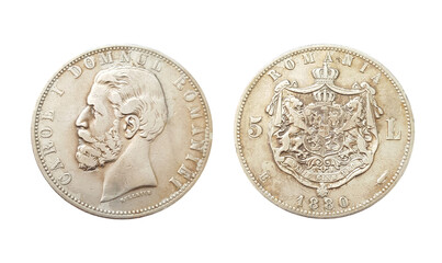Old silver coin, Romanian 5 lei 1880, five lei King Carol I