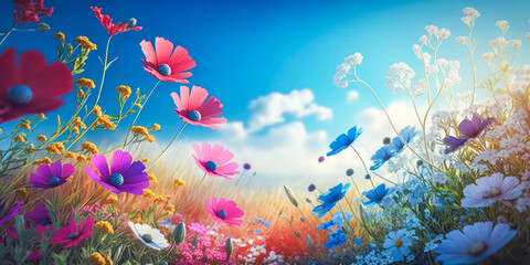 Fototapeta na wymiar A beautiful flowery meadow in spring or summer. Nature concept. Generative AI