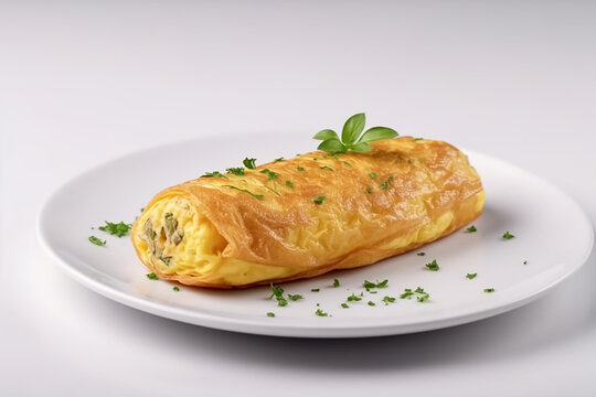 Omelette roll, delicious breakfast food, on white background
