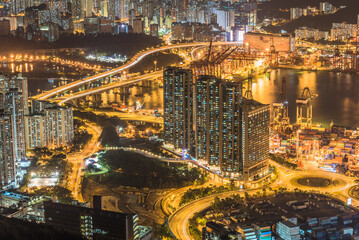 Aerial Night view of the city in Hong Kong