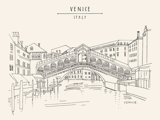 Vector Venice, Italy postcard. Famous Rialto bridge across Grand canal. Improved refined travel sketch. Artistic hand drawing. Vintage hand drawn postcard, poster, artistic book, booklet illustration