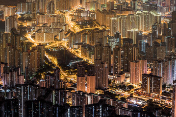 Aerial City Night view of Hong Kong City with building and street