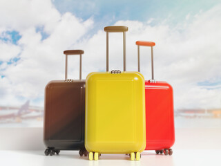 Background with travel suitcase and empty space for text. Optimistic 3D illustration with suitcases in the colors of the Belgian flag.