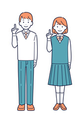 指さしして提案する学生の男女＿全身