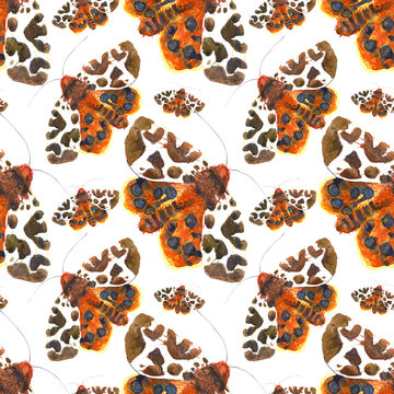 Seamless pattern of watercolor tiger moth butterfly. Hand painted elements on white background.