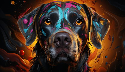 An adorable canine captured in a delightful portrait, its face adorned with accidental paint splatters, creating a unique and artistic twist to its lovable features. Based on Generative Ai.