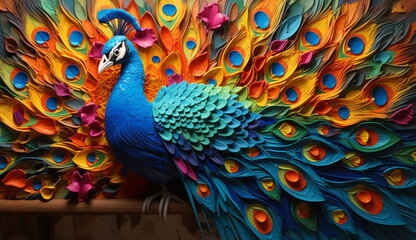 A stunning watercolor-style portrait of an elegant blue peacock. Based on Generative Ai.