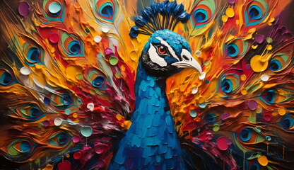 A stunning watercolor-style portrait of an elegant blue peacock. Based on Generative Ai.