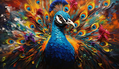 A stunning watercolor-style portrait of an elegant blue peacock. Based on Generative Ai.