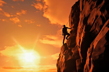 Silhouette of a rock climber climbing a cliff, Generative AI