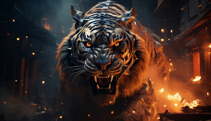 A striking artwork capturing the chaos as a raging tiger roams through a shattered urban landscape. Based on Generative Ai.