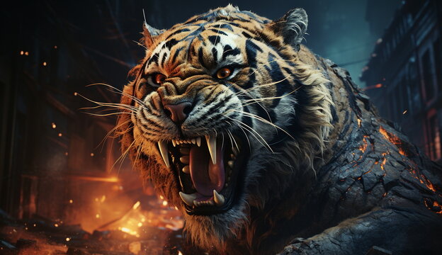 A striking artwork capturing the chaos as a raging tiger roams through a shattered urban landscape. Based on Generative Ai.