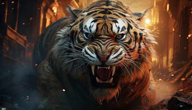 A striking artwork capturing the chaos as a raging tiger roams through a shattered urban landscape. Based on Generative Ai.