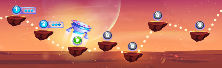 Galaxy space game level map on mars planet vector background. Flying platform on martian desert cartoon illustration with fantasy spaceship and childish computer adventure videogame screen gui. © klyaksun