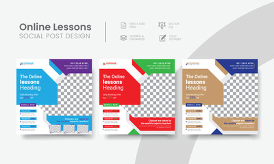 Effective online lessons social media post for commercial courses, or tutoring marketing. Customizable webinar lessons social web banner layout template. Vol - 7