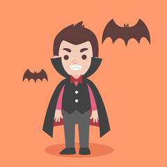 A Cute Dracula with bats flying to celebrate Halloween celebrities' holiday greetings. Vector illustration cartoon.