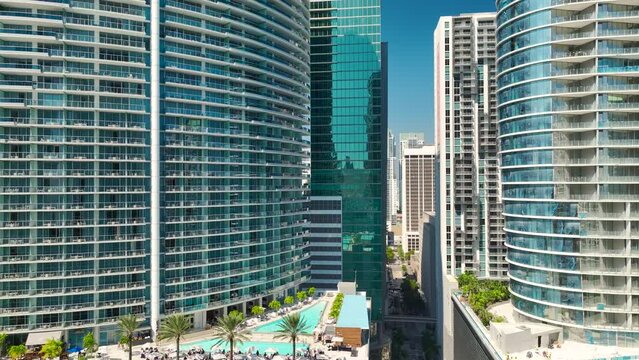 Miami Brickell in Florida, USA. Aerial view of american downtown office district. High commercial and residential skyscraper buildings in modern US megapolis