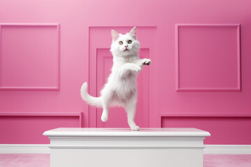 White cat gracefully leaping against a vibrant pink backdrop, radiating joy and playfulness. Ai generated