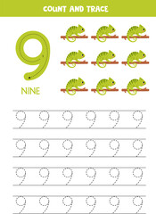 Trace numbers. Number 9 nine. Cute cartoon chameleons.