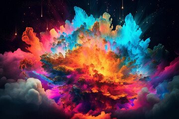 Fototapeta na wymiar Explosion of vibrant clouds, bursting with an array of mesmerizing colors against a mysterious dark background. Ai generated