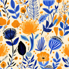 Yellow and blue folk flowers seamless pattern background