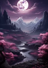 Tuinposter landscape with moon and cherry blossom trees © Davy