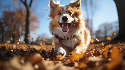 Jumping cute dog in the autumn park