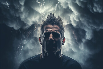 Concept of anxiety and depression, featuring a man with his head immersed in a turbulent cloud storm. Ai generated