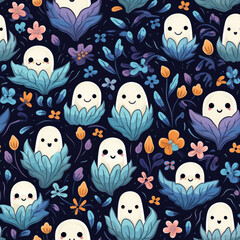 Naklejka premium Ghosts and flowers, seamless pattern, halloween colourful repeating pattern
