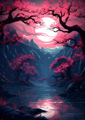 Fototapeta na wymiar landscape with moon and cherry blossom trees