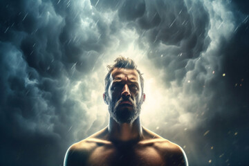 Concept of anxiety and depression, featuring a man with his head immersed in a turbulent cloud storm. Ai generated