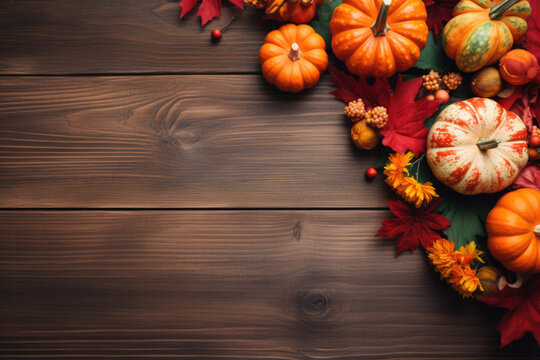 Autumn background with pumpkins and orange autumn leaves  on the wooden table