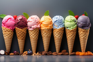 Various of ice cream flavour in cones blueberry, strawberry, pistachio, almond, orange on the grey background with berries