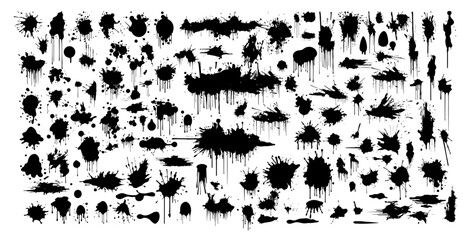 Black ink spots set on white background. Ink illustration.