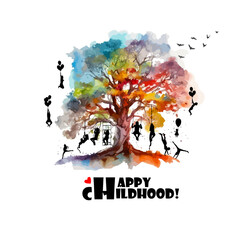 Naklejka premium Happy family silhouettes , rainbow tree. Mixed media. Children play in summer. Happy childhood. Vector illustration