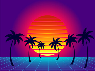 Fototapeta na wymiar Retro sci-fi background with retro sun, palm trees and 80s style perspective grid. Futuristic sunset with palm trees. Synthwave and retrowave style. Design for banner and poster. Vector illustration