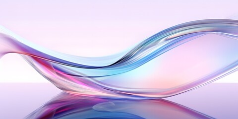 Glass ribbon on water. Holographic shape in motion. Iridescent gradient digital art for banner background, wallpaper. Transparent glossy design element flying in seascape, AI generative