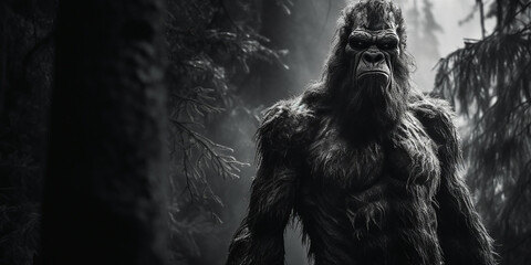 Black and white portrait of a Bigfoot wood ape in a North American forest at night. Sasquatch in the woods banner. Generative AI illustration