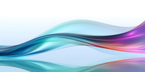 Fototapeta na wymiar Glass ribbon on water. Holographic shape in motion. Iridescent gradient digital art for banner background, wallpaper. Transparent glossy design element flying in seascape, AI generative