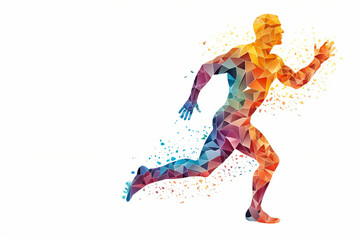 Fototapeta na wymiar Silhouette of a running man crafted entirely from vibrant and colorful triangles, creating a dynamic prism effect against a clean white background. Ai generated