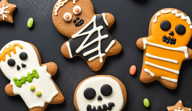 Gingerbread biscuit with Halloween face,  Jack-o-lantern, bakery Trick or treat , Generative AI