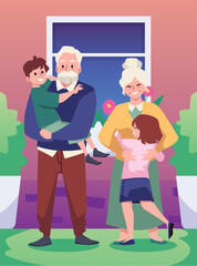 Smiling grandparents and grandchildren spend time together, warm family hugs and embrace, cartoon vector illustration