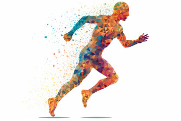 Silhouette of a running man crafted entirely from vibrant and colorful triangles, creating a dynamic prism effect against a clean white background. Ai generated