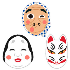 お面（ひょっとこ・おかめ・狐）のイラスト