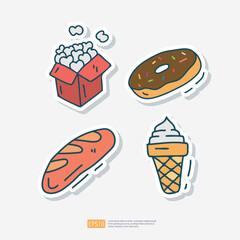 sweet popcorn, doughnut bakery, baguette bread bakery, ice cream doodle icon. Fast food Cute doodle. Cuisine and drink Sticker Set Vector Illustration