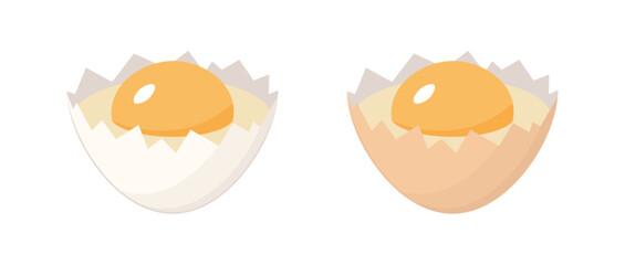 Half brown and white eggshells with raw eggs. Vector and PNG illustration on transparent background.	