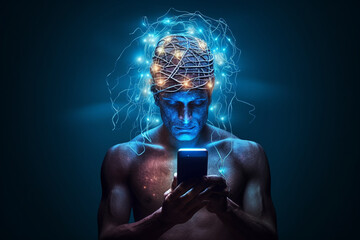 Man engrossed in his mobile phone, while his head is entangled with a chaotic web of wires. Social media addiction Concept and excessive mobile phone usage illustration. Ai generated