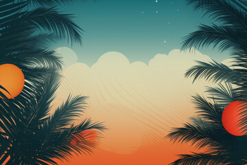 Obraz na płótnie Canvas Summer illustration featuring a vibrant background adorned with flat design vector style elements. From palm trees swaying in the gentle breeze to playful waves and dreamy skies. Ai generated