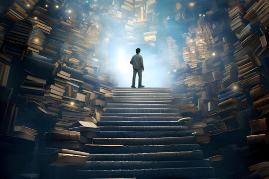 A man who has climbed up a stack of books he's read and can now see clearly.