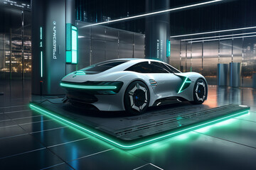 Futuristic electric car parked in a modern, underground, and futuristic parking facility. Ai generated